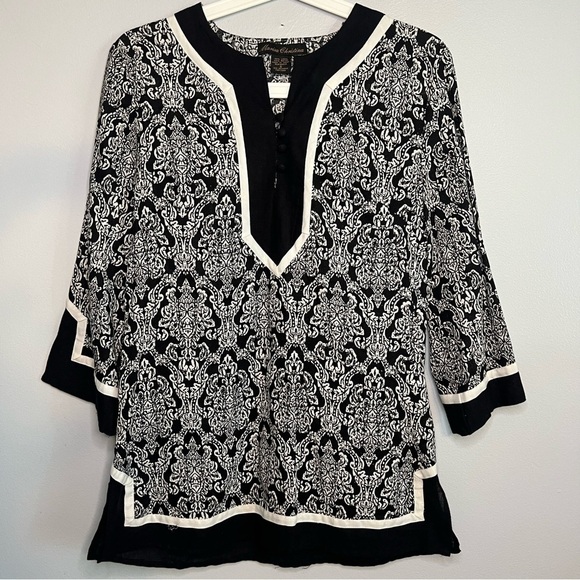 Marisa Christina Women’s Linen Blouse Tunic Size S Black White Unique Design - Picture 1 of 7